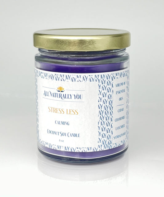 Stress Less Aromatherapy Coconut Soy Candle with essential oils, 9 oz, 70 hour burn time, reduces stress and anxiety, calming scent