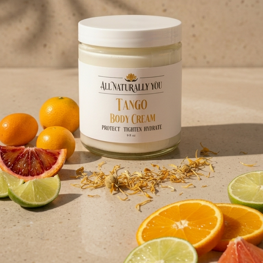 Jar of body cream with citrus fruits on a beige background