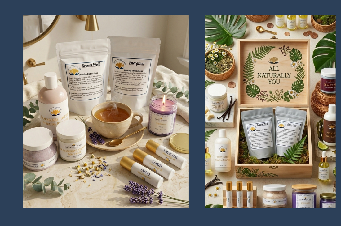 plant-based skincare and tea products arranged in a serene, sunlit spa environment