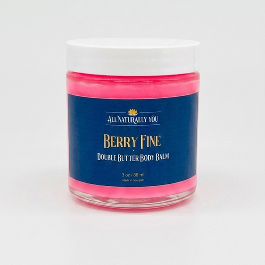 Jar of 'Berry Fine' double butter body balm with a blue label on a white background