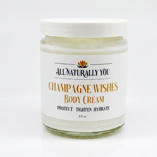 Jar of Champagne Wishes body cream with 'AllNaturally You' branding on a white background