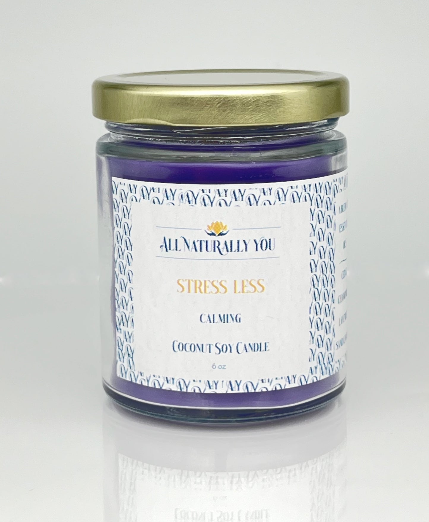 Stress Less Aromatherapy Coconut Soy Candle with essential oils, 9 oz, 70-hour burn time, calming scent to reduce stress and anxiety.