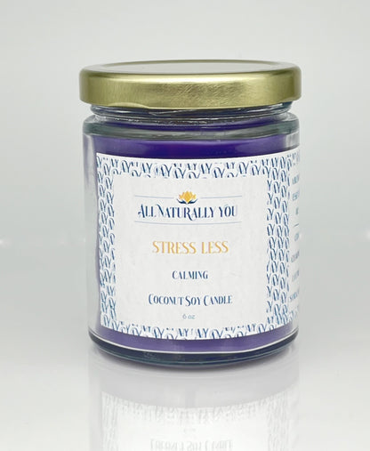 Stress Less Aromatherapy Coconut Soy Candle with essential oils, 9 oz, 70-hour burn time, calming scent to reduce stress and anxiety.