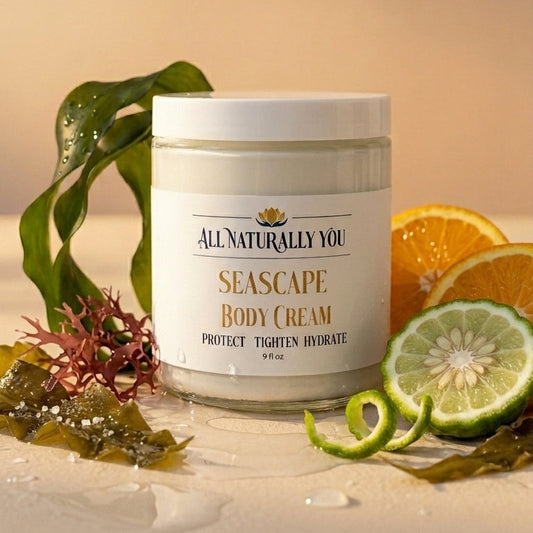 Jar of 'Allnaturally You Seascape Body Cream' with natural elements on a beige background