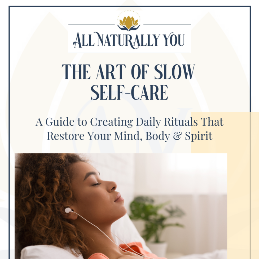 Book cover of 'The Art of Slow Self-Care' with a person listening to music on headphones.