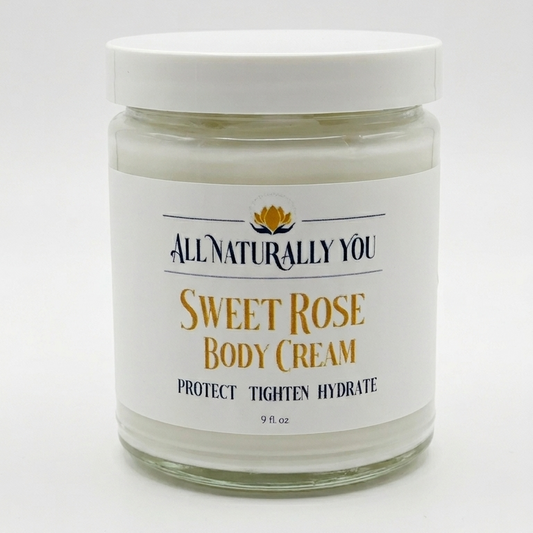 Jar of Sweet Rose Body Cream with 'AllNaturally You' branding on a white background