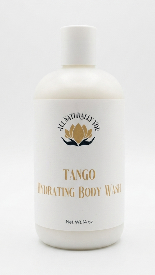 White bottle of 'Tango Hydrating Body Wash' on a white background
