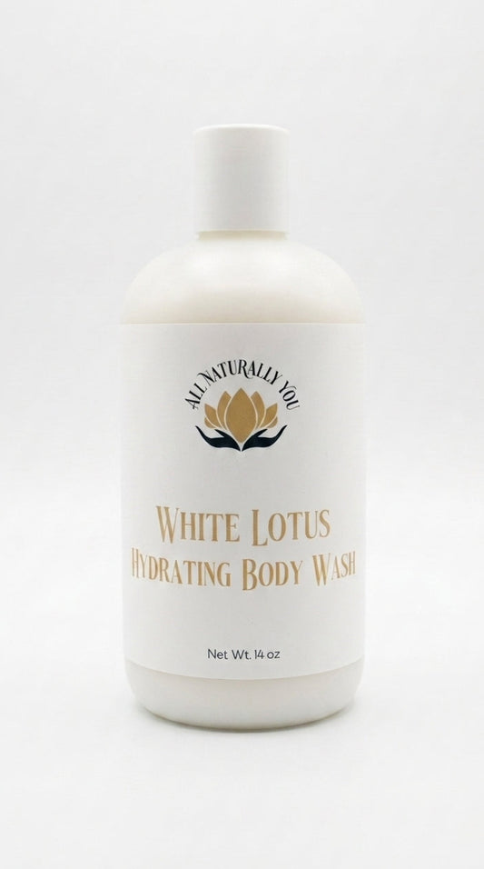 White bottle of White Lotus Hydrating Body Wash on a white background